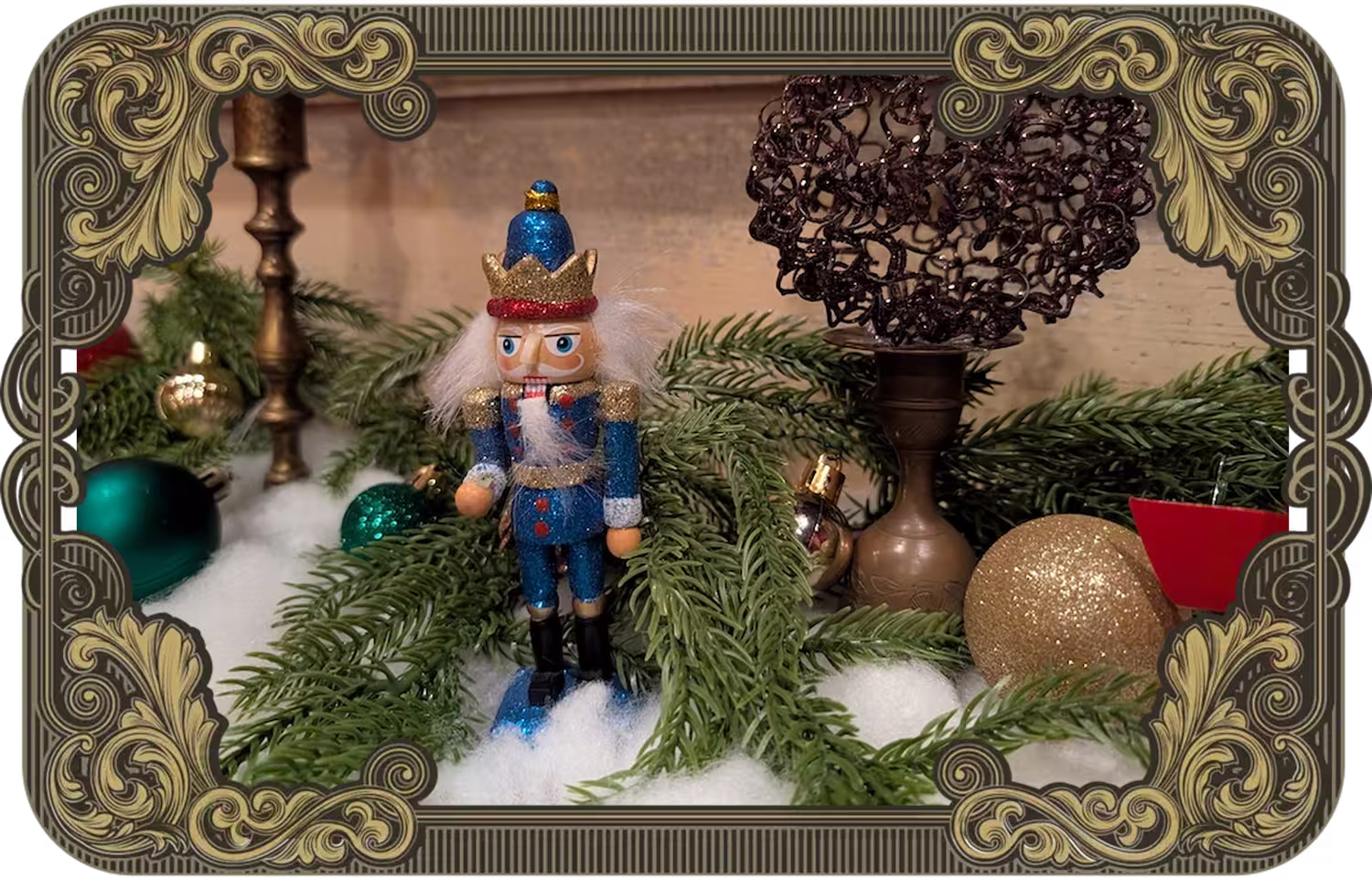 Nutcracker sitting on a mantle decorated with Christmas decorations